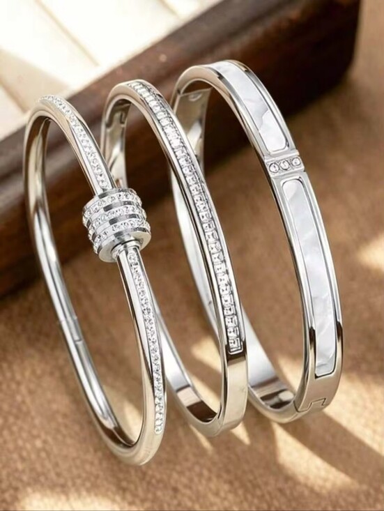 Jewelry - Triple Silver-Tone Women's Bangle Bracelet Set with White Crystal Accents